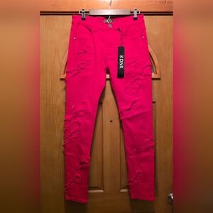 KDNK Men's Slim Fit Distressed Jeans - Red Size 32